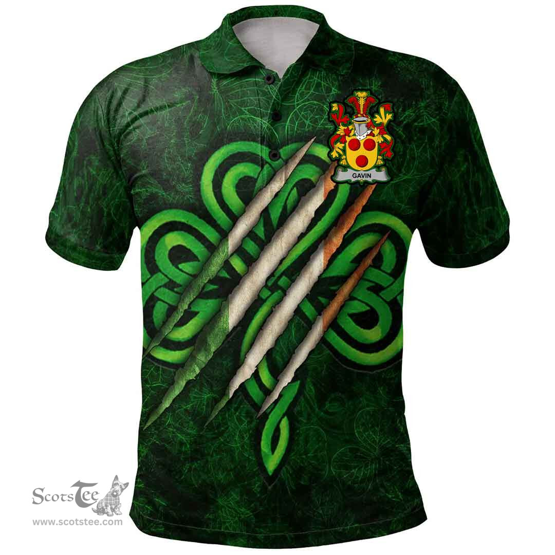ScotsTee Shop Irish Gavin or O'Gavan Coat of Arms Irish Polo Shirt Irish In Me Shamrock Scratch
