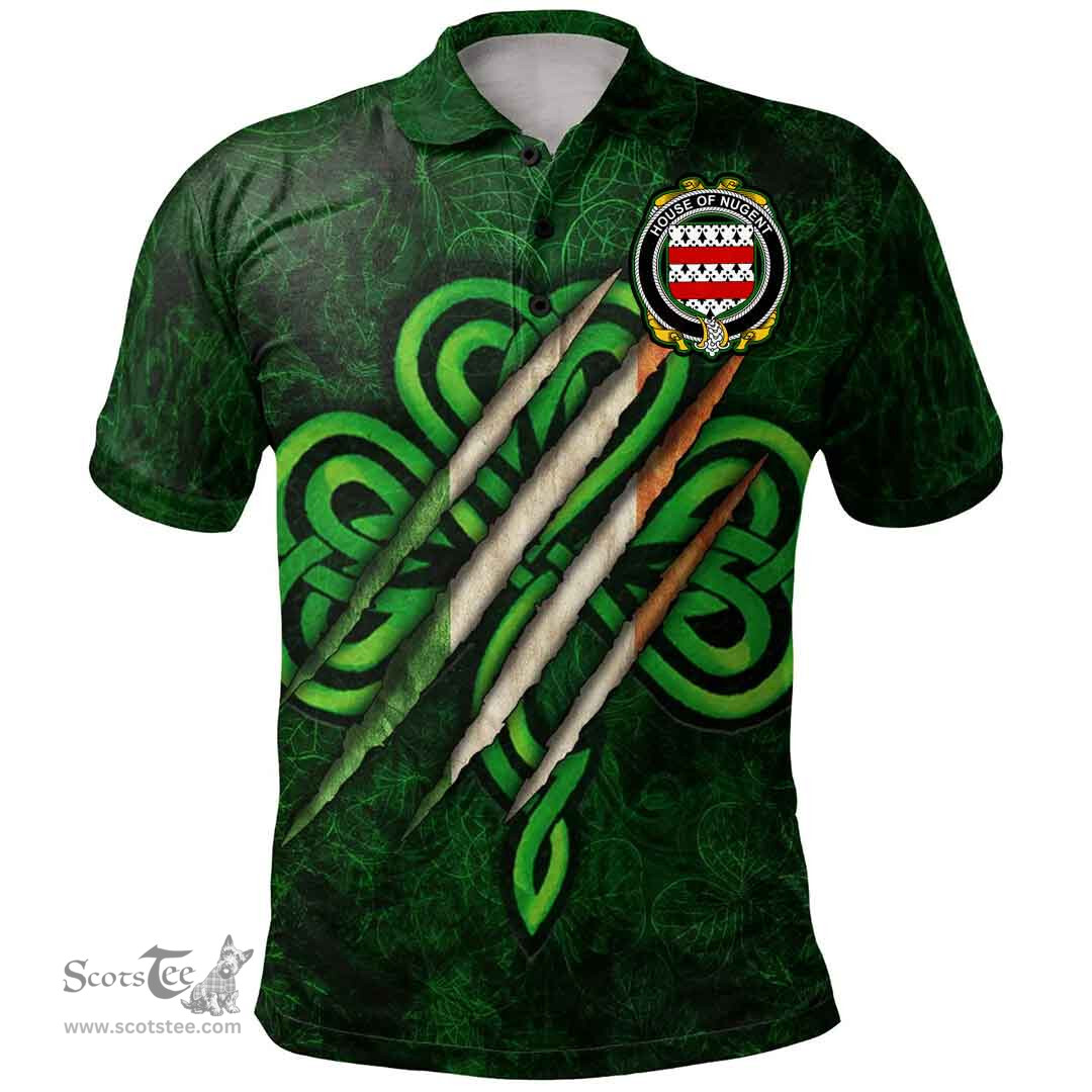 ScotsTee Shop Irish House of NUGENT Coat of Arms Irish Polo Shirt Irish In Me Shamrock Scratch