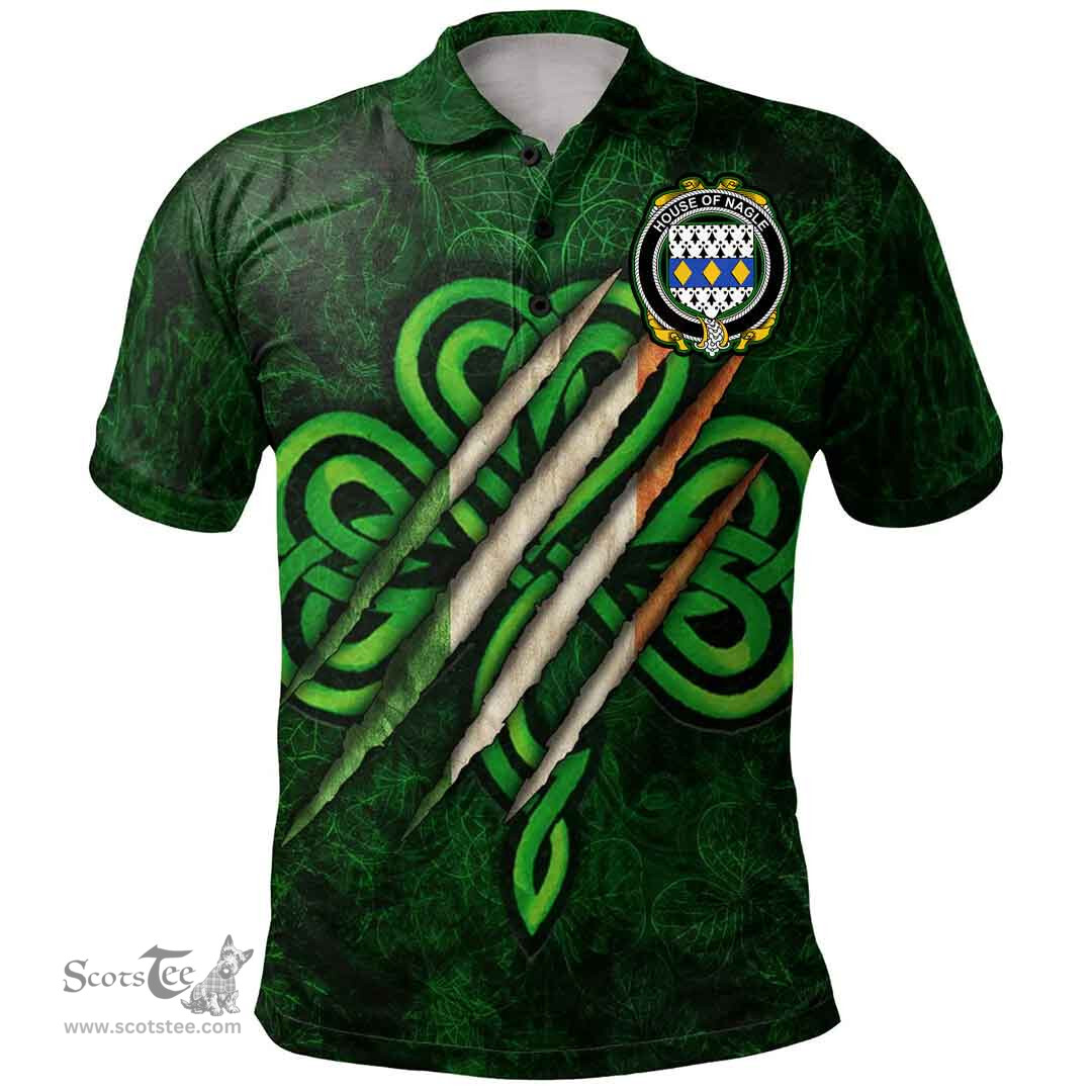 ScotsTee Shop Irish House of NAGLE Coat of Arms Irish Polo Shirt Irish In Me Shamrock Scratch