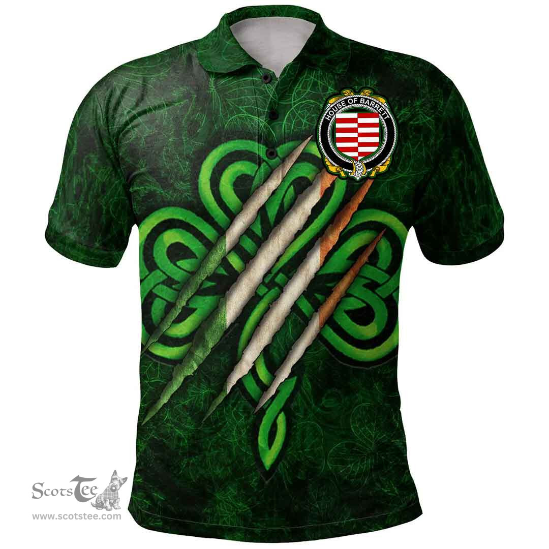 ScotsTee Shop Irish House of BARRETT Coat of Arms Irish Polo Shirt Irish In Me Shamrock Scratch