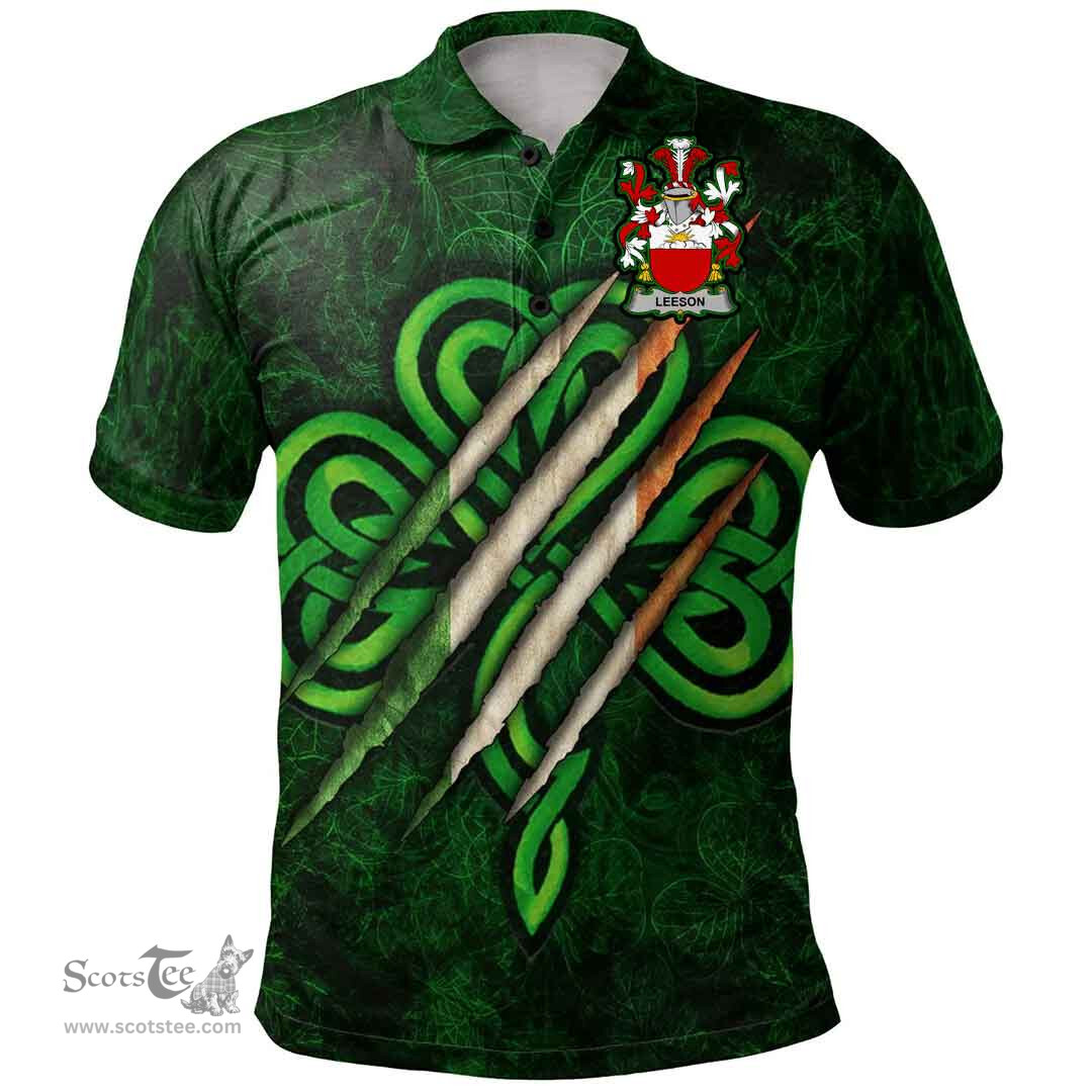 ScotsTee Shop Irish Leeson Coat of Arms Irish Polo Shirt Irish In Me Shamrock Scratch