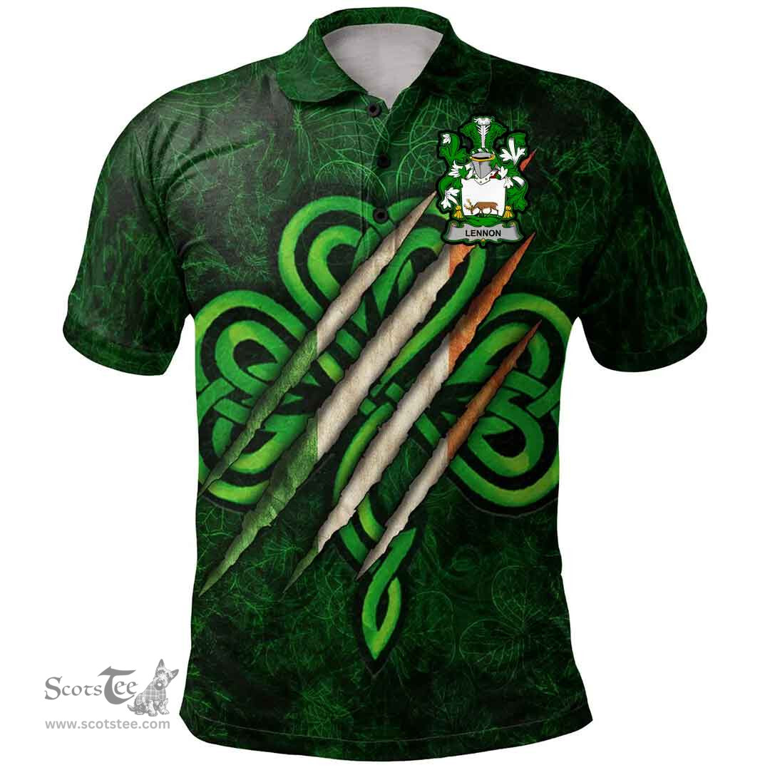 ScotsTee Shop Irish Lennon or O'Lennon Coat of Arms Irish Polo Shirt Irish In Me Shamrock Scratch