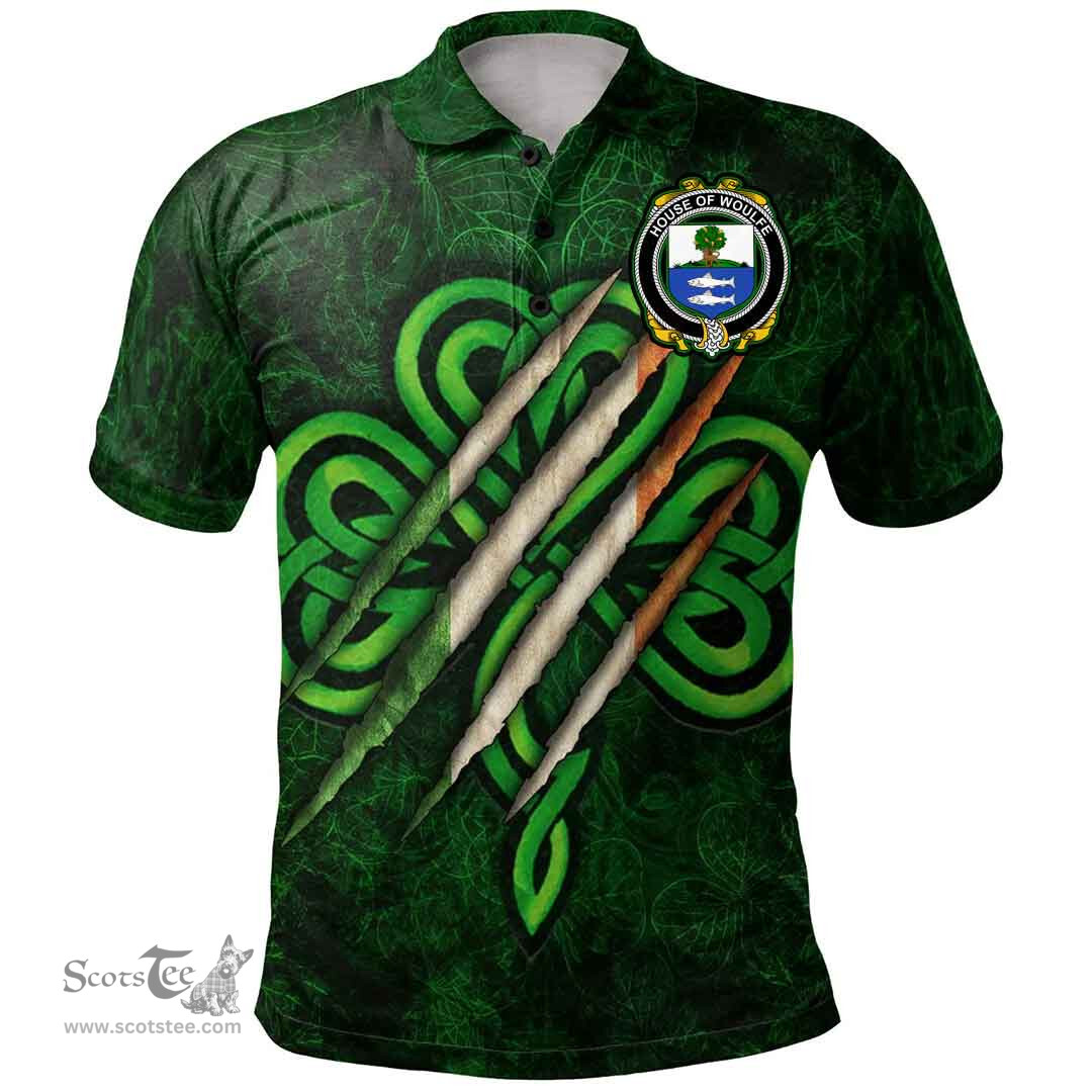 ScotsTee Shop Irish House of WOULFE Coat of Arms Irish Polo Shirt Irish In Me Shamrock Scratch