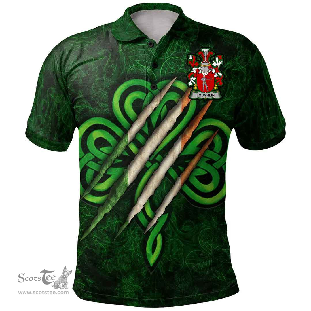 ScotsTee Shop Irish Loughlin or O'Loughlin Coat of Arms Irish Polo Shirt Irish In Me Shamrock Scratch