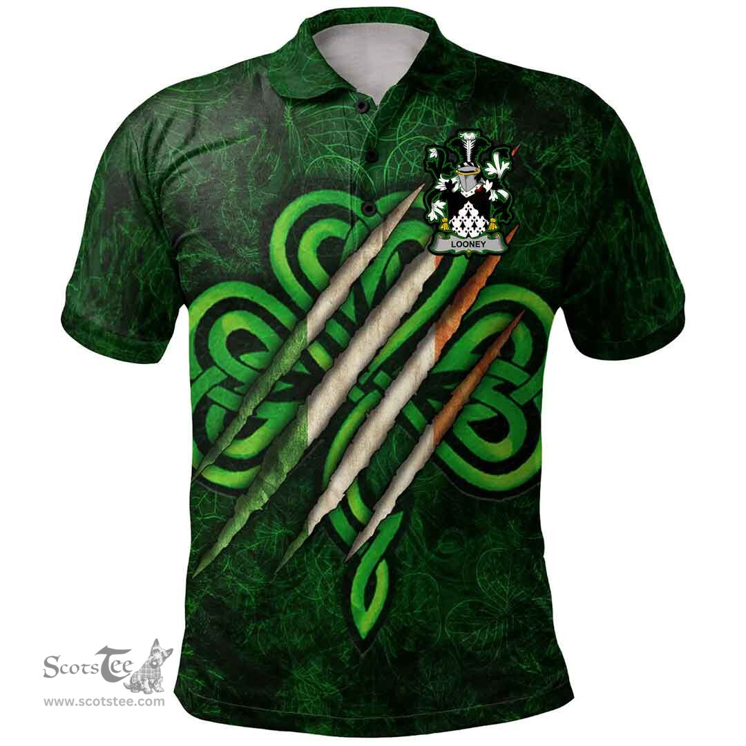 ScotsTee Shop Irish Looney or O'Lunney Coat of Arms Irish Polo Shirt Irish In Me Shamrock Scratch