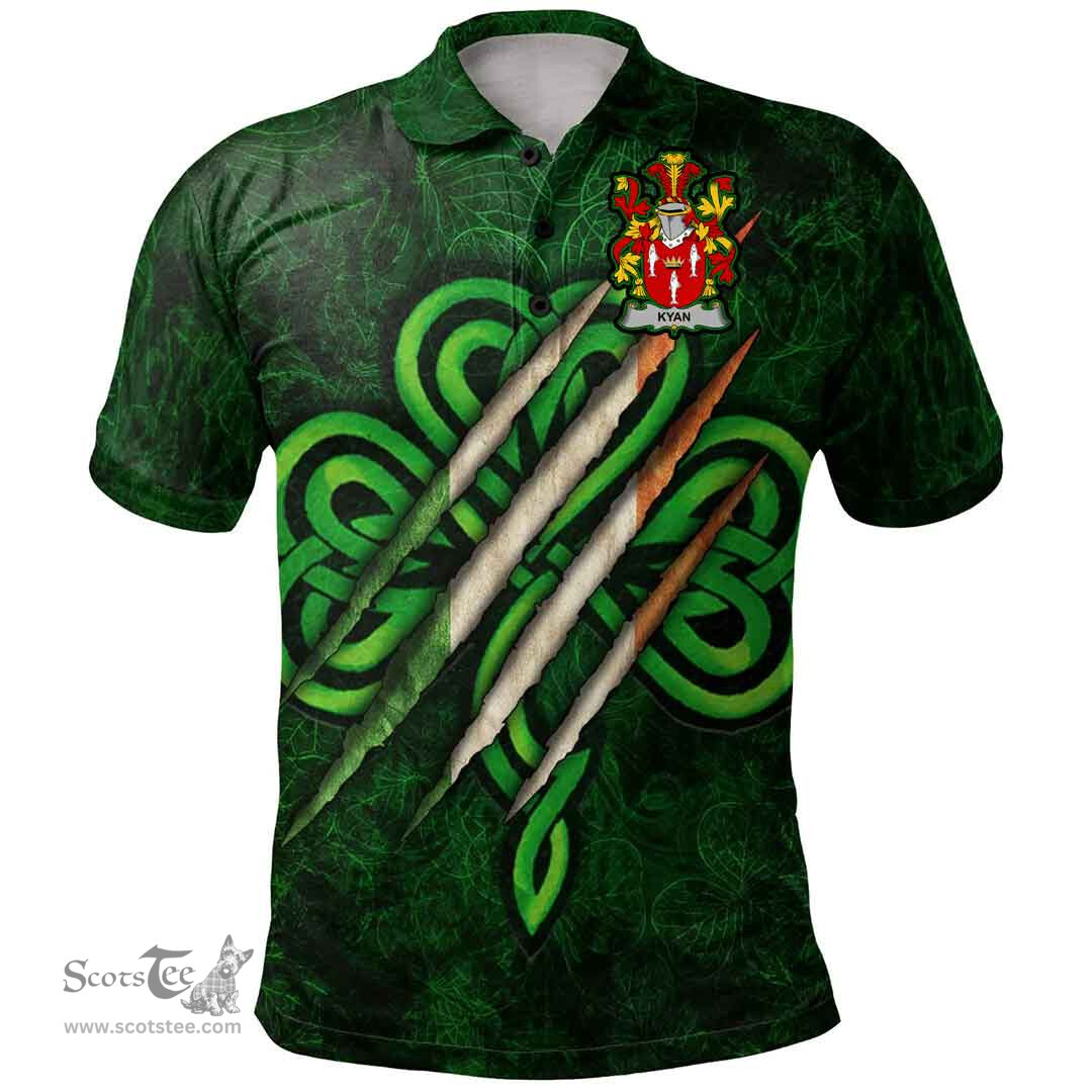 ScotsTee Shop Irish Kyan or O'Kyan Coat of Arms Irish Polo Shirt Irish In Me Shamrock Scratch