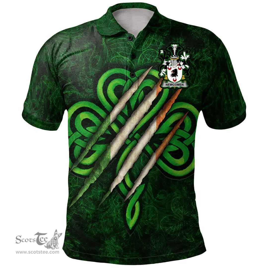 ScotsTee Shop Irish Newcomen or Newcombe Coat of Arms Irish Polo Shirt Irish In Me Shamrock Scratch