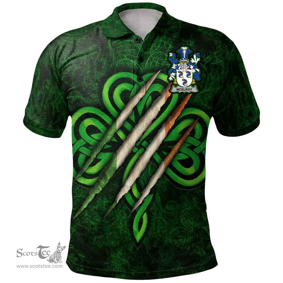ScotsTee Shop Irish McElroy or Gilroy Coat of Arms Irish Polo Shirt Irish In Me Shamrock Scratch