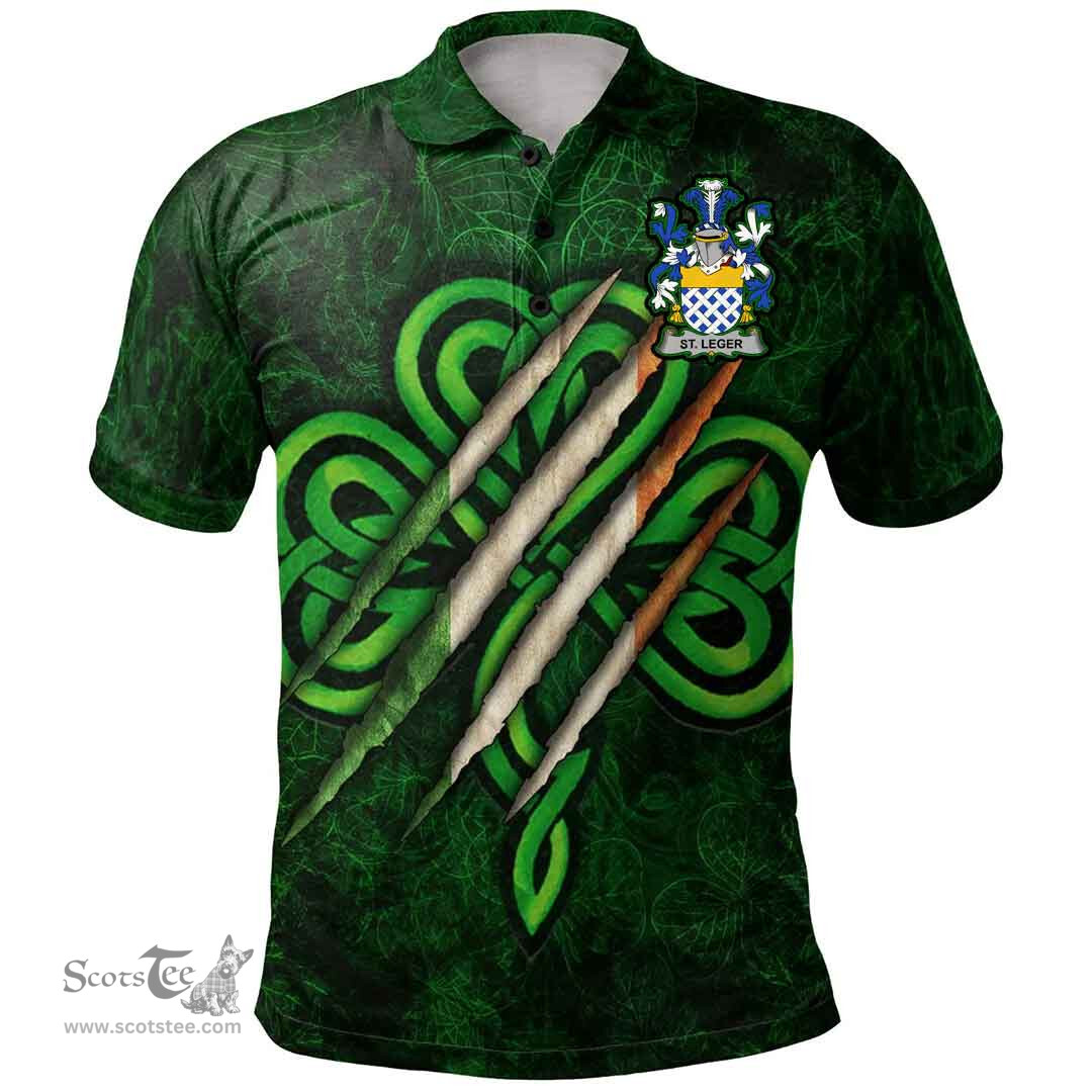 ScotsTee Shop Irish St.Leger Coat of Arms Irish Polo Shirt Irish In Me Shamrock Scratch