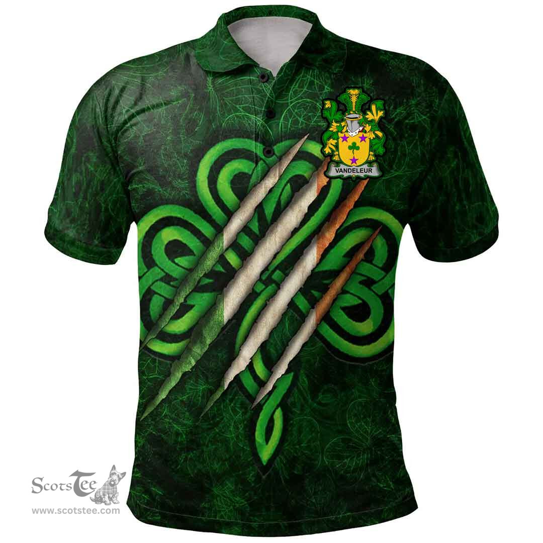 ScotsTee Shop Irish Vandeleur Coat of Arms Irish Polo Shirt Irish In Me Shamrock Scratch