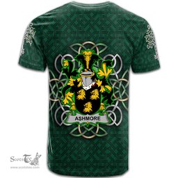 ScotsTee Shop Irish Ashmore Coat of Arms Irish Crest T Shirt Irish Shamrock with Celtic Knot T Shirt