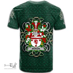 ScotsTee Shop Irish Bergin or O Bergin Coat of Arms Irish Crest T Shirt Irish Shamrock with Celtic Knot T Shirt