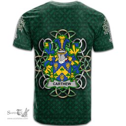 ScotsTee Shop Irish Carthew Coat of Arms Irish Crest T Shirt Irish Shamrock with Celtic Knot T Shirt