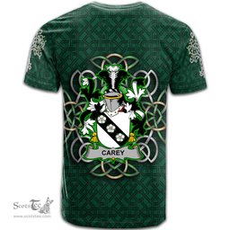 ScotsTee Shop Irish Carey or Cary Coat of Arms Irish Crest T Shirt Irish Shamrock with Celtic Knot T Shirt