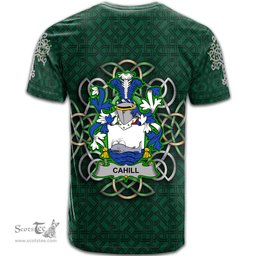 ScotsTee Shop Irish Cahill or O Cahill Coat of Arms Irish Crest T Shirt Irish Shamrock with Celtic Knot T Shirt