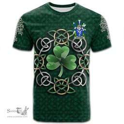 ScotsTee Shop Irish Faulkner Coat of Arms Irish Crest T Shirt Irish Shamrock with Celtic Knot T Shirt