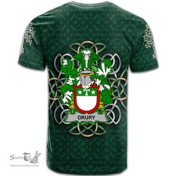 ScotsTee Shop Irish Drury or McDrury Coat of Arms Irish Crest T Shirt Irish Shamrock with Celtic Knot T Shirt