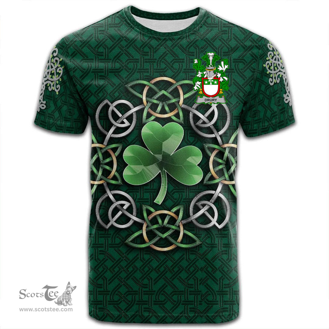 ScotsTee Shop Irish Drury or McDrury Coat of Arms Irish Crest T Shirt Irish Shamrock with Celtic Knot T Shirt