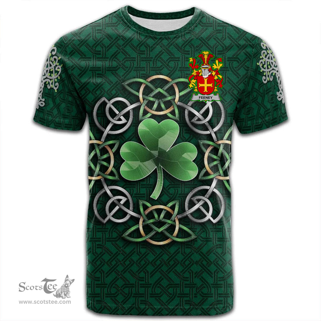 ScotsTee Shop Irish Feeney or O Feney Coat of Arms Irish Crest T Shirt Irish Shamrock with Celtic Knot T Shirt
