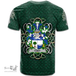 ScotsTee Shop Irish Coey or McCoey Coat of Arms Irish Crest T Shirt Irish Shamrock with Celtic Knot T Shirt