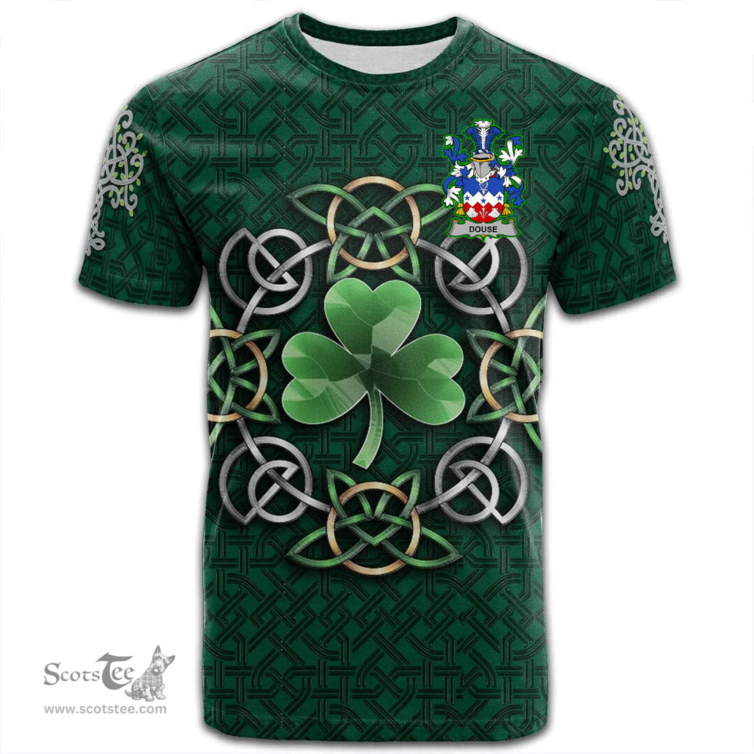 ScotsTee Shop Irish Douse or Dowse Coat of Arms Irish Crest T Shirt Irish Shamrock with Celtic Knot T Shirt