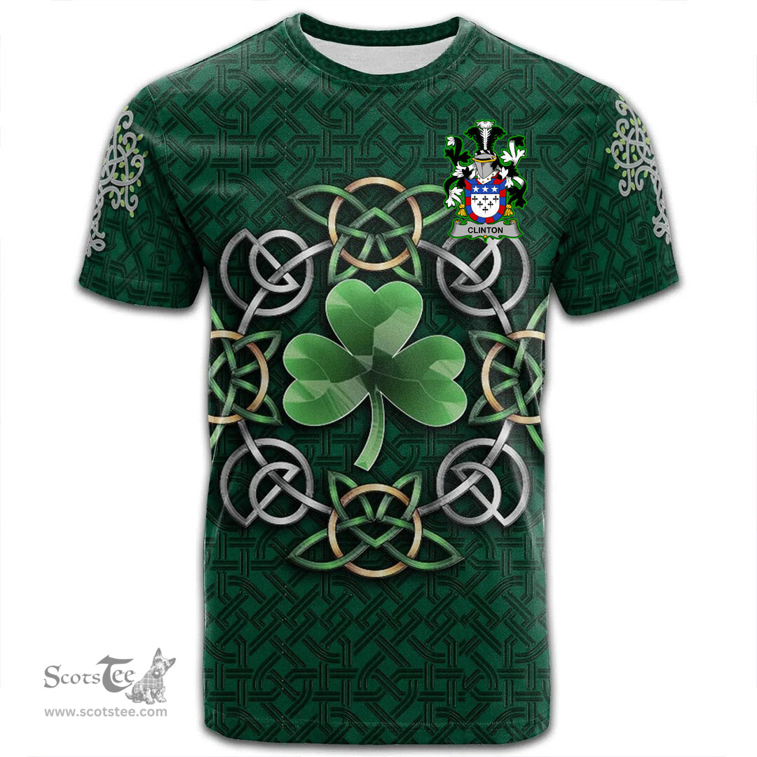ScotsTee Shop Irish Clinton Coat of Arms Irish Crest T Shirt Irish Shamrock with Celtic Knot T Shirt