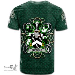 ScotsTee Shop Irish Duffield Coat of Arms Irish Crest T Shirt Irish Shamrock with Celtic Knot T Shirt