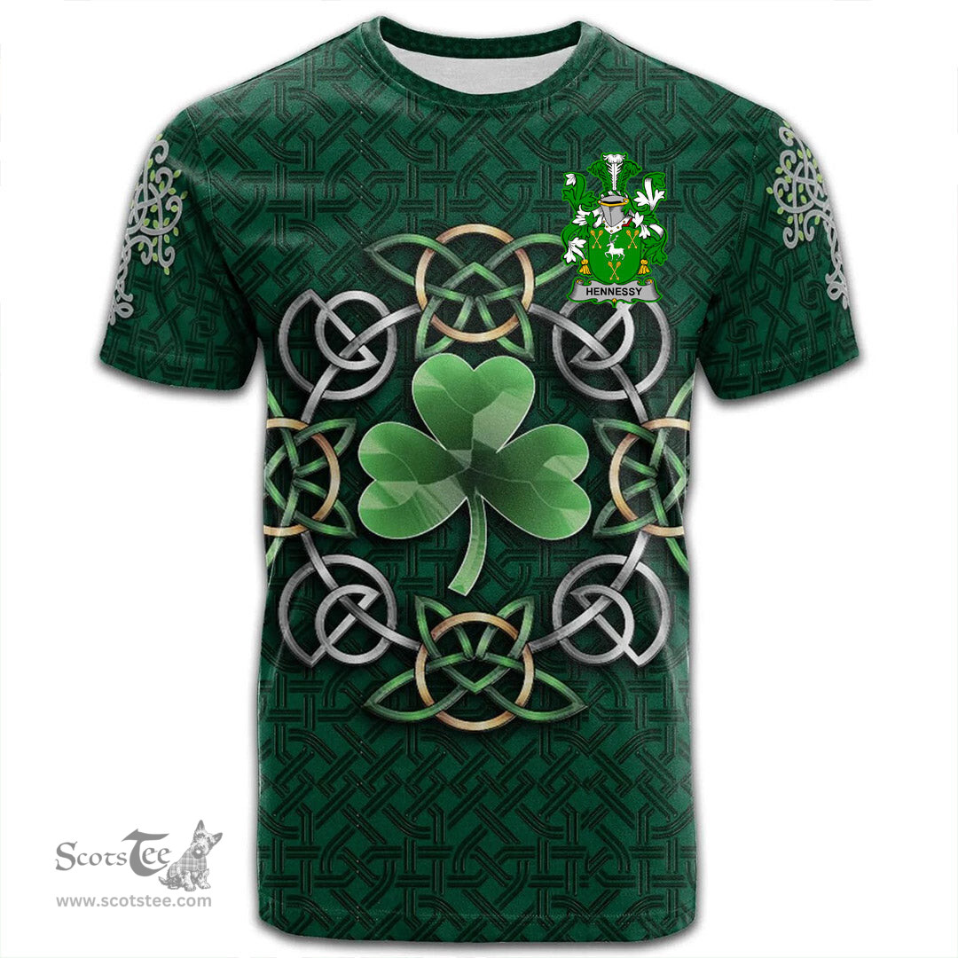 ScotsTee Shop Irish Hennessy or O Hennessy Coat of Arms Irish Crest T Shirt Irish Shamrock with Celtic Knot T Shirt