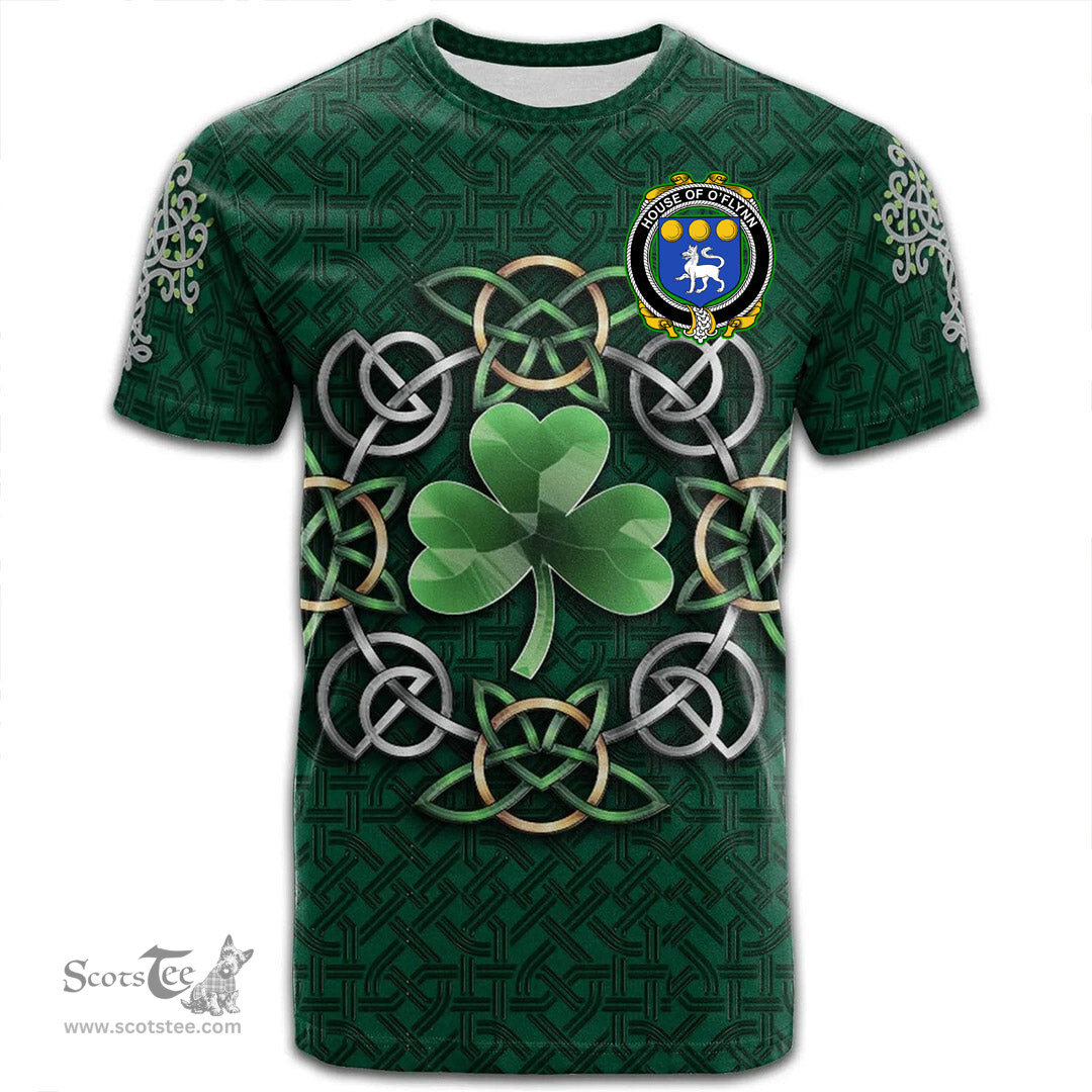 ScotsTee Shop Irish House of O FLYNN Coat of Arms Irish Crest T Shirt Irish Shamrock with Celtic Knot T Shirt