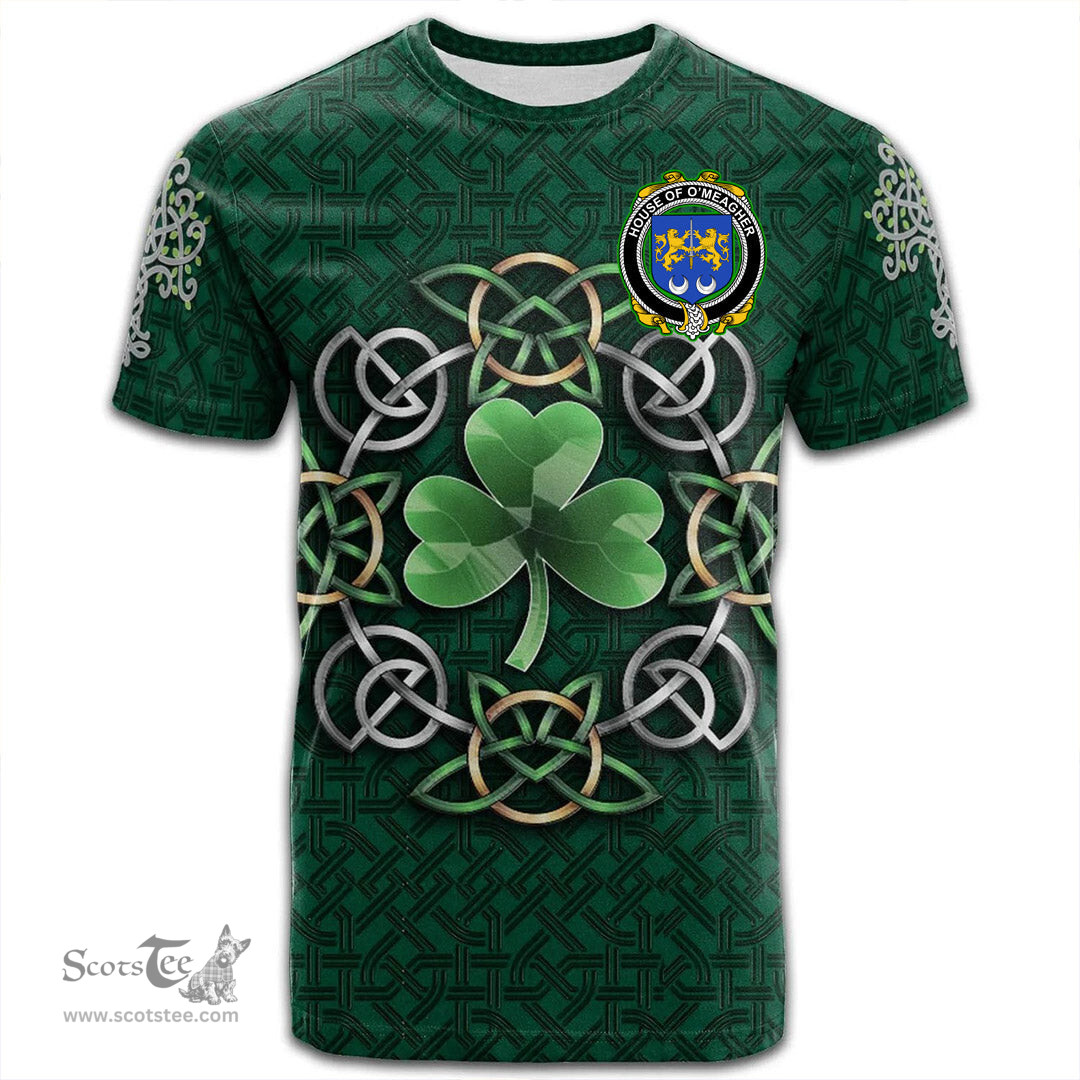 ScotsTee Shop Irish House of O MEAGHER Coat of Arms Irish Crest T Shirt Irish Shamrock with Celtic Knot T Shirt