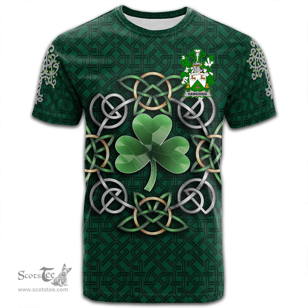 ScotsTee Shop Irish HawkinsIII Coat of Arms Irish Crest T Shirt Irish Shamrock with Celtic Knot T Shirt