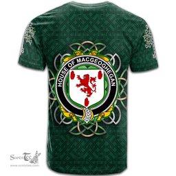 ScotsTee Shop Irish House of MACGEOGHEGAN Coat of Arms Irish Crest T Shirt Irish Shamrock with Celtic Knot T Shirt