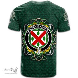 ScotsTee Shop Irish House of KEATING Coat of Arms Irish Crest T Shirt Irish Shamrock with Celtic Knot T Shirt