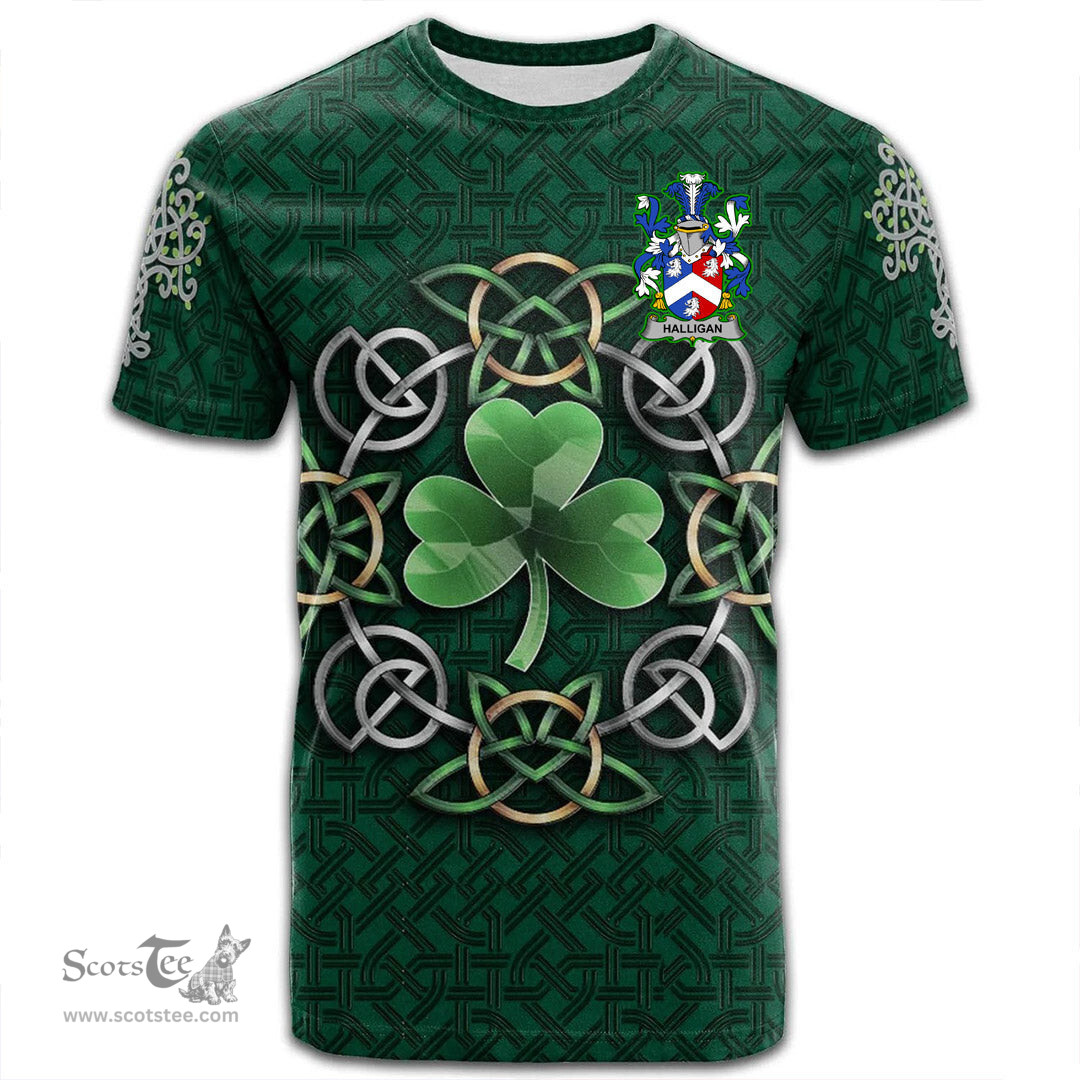 ScotsTee Shop Irish Halligan or O Halligan Coat of Arms Irish Crest T Shirt Irish Shamrock with Celtic Knot T Shirt