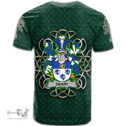 ScotsTee Shop Irish Geary or O Geary Coat of Arms Irish Crest T Shirt Irish Shamrock with Celtic Knot T Shirt