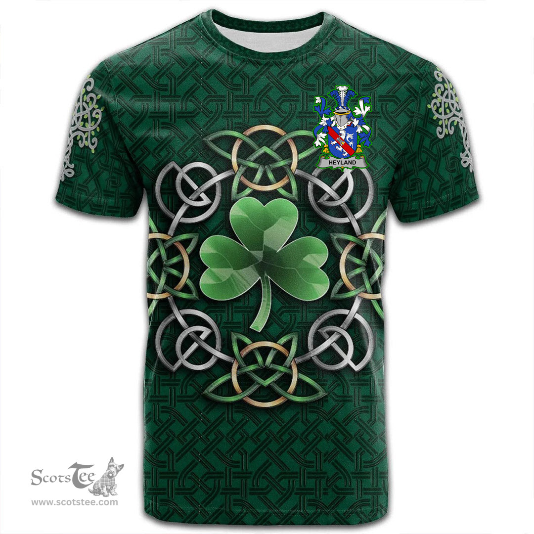 ScotsTee Shop Irish Heyland Coat of Arms Irish Crest T Shirt Irish Shamrock with Celtic Knot T Shirt