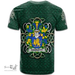 ScotsTee Shop Irish Hanratty or O Hanraghty Coat of Arms Irish Crest T Shirt Irish Shamrock with Celtic Knot T Shirt