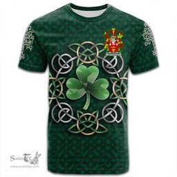 ScotsTee Shop Irish Hanraghan or O Hanraghan Coat of Arms Irish Crest T Shirt Irish Shamrock with Celtic Knot T Shirt