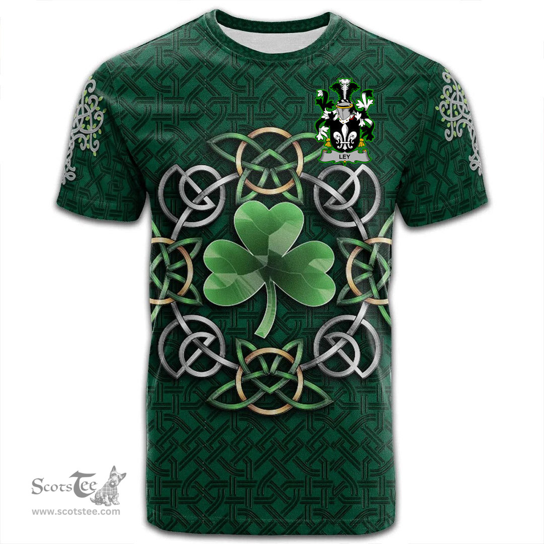 ScotsTee Shop Irish Ley Coat of Arms Irish Crest T Shirt Irish Shamrock with Celtic Knot T Shirt