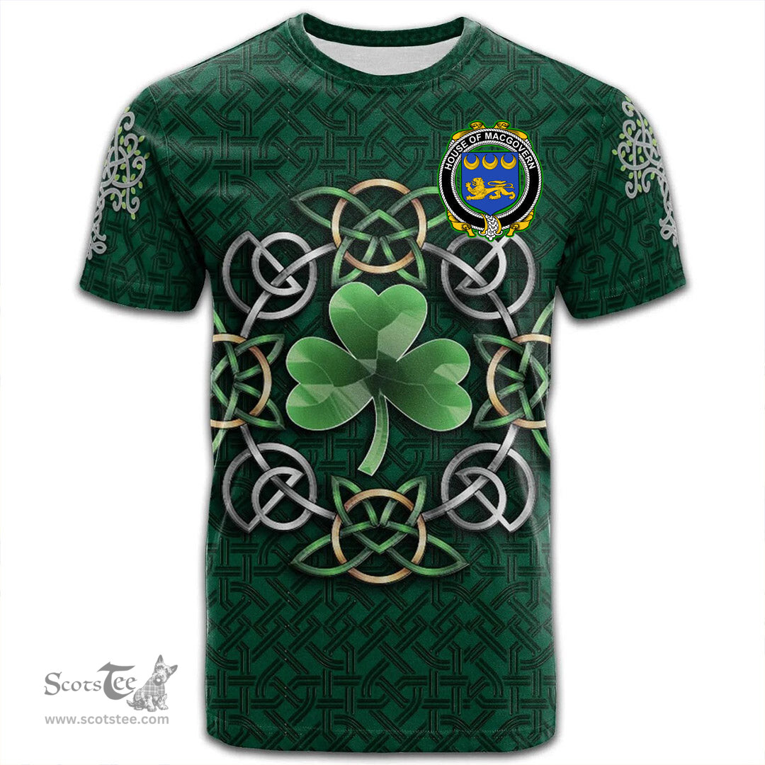 ScotsTee Shop Irish House of MACGOVERN Coat of Arms Irish Crest T Shirt Irish Shamrock with Celtic Knot T Shirt