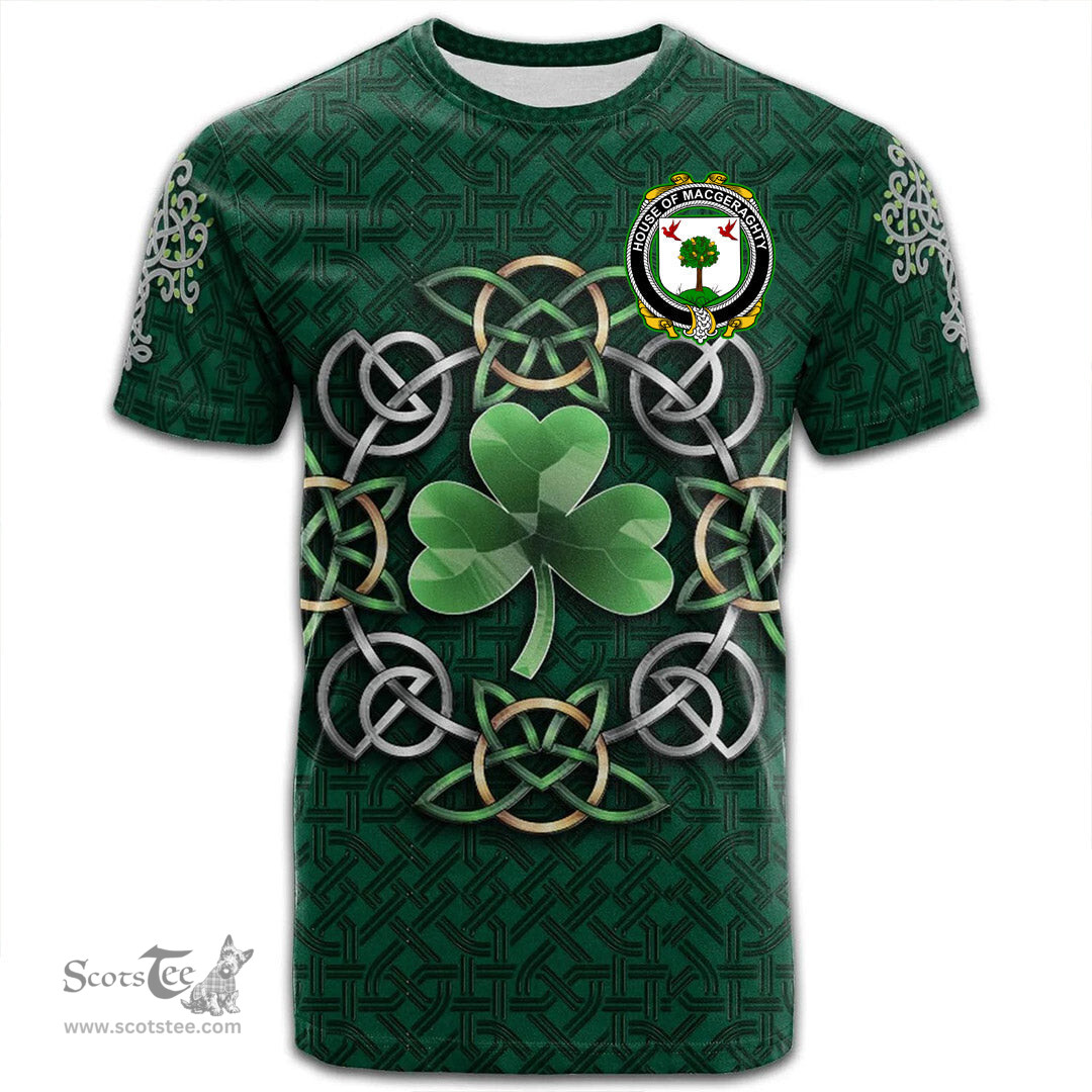 ScotsTee Shop Irish House of MACGERAGHTY Coat of Arms Irish Crest T Shirt Irish Shamrock with Celtic Knot T Shirt