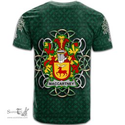 ScotsTee Shop Irish McCartney or MacCartney Coat of Arms Irish Crest T Shirt Irish Shamrock with Celtic Knot T Shirt