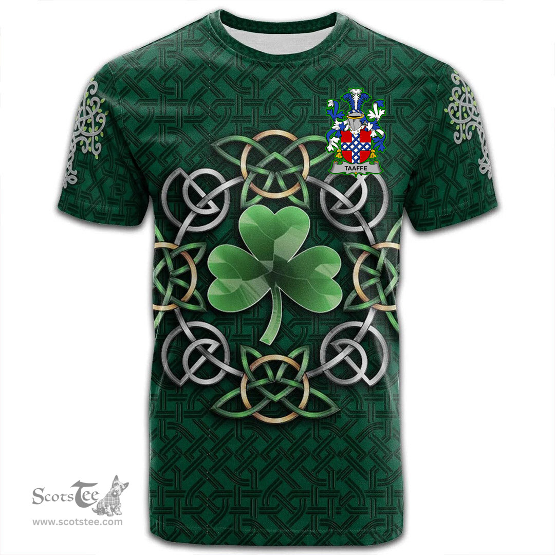 ScotsTee Shop Irish Taaffe Coat of Arms Irish Crest T Shirt Irish Shamrock with Celtic Knot T Shirt
