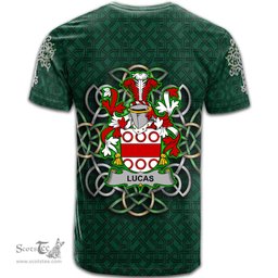 ScotsTee Shop Irish Lucas or Luke Coat of Arms Irish Crest T Shirt Irish Shamrock with Celtic Knot T Shirt