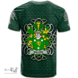 ScotsTee Shop Irish Malone or O Malone Coat of Arms Irish Crest T Shirt Irish Shamrock with Celtic Knot T Shirt