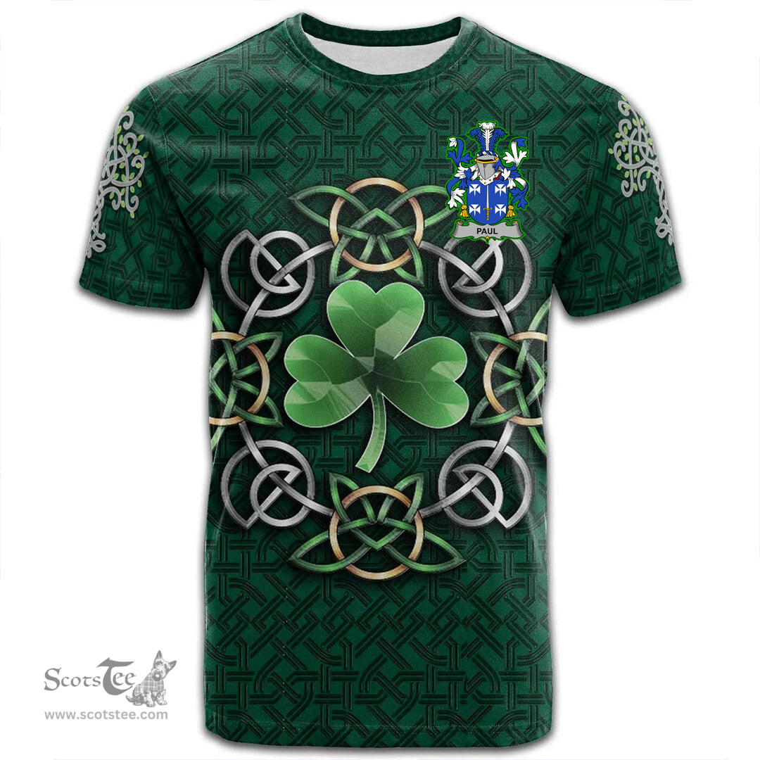 ScotsTee Shop Irish Paul Coat of Arms Irish Crest T Shirt Irish Shamrock with Celtic Knot T Shirt