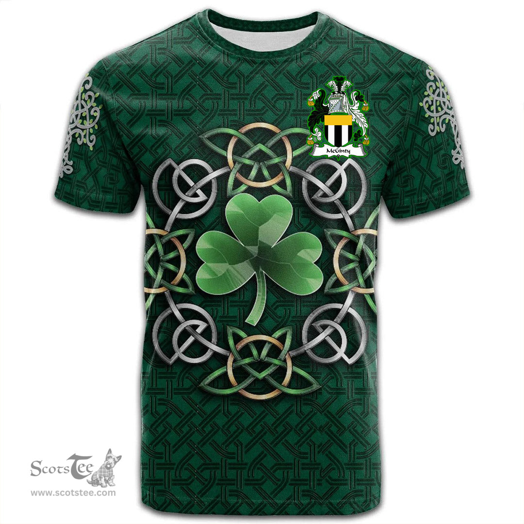 ScotsTee Shop Irish McGinty Coat of Arms Irish Crest T Shirt Irish Shamrock with Celtic Knot T Shirt
