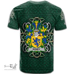 ScotsTee Shop Irish Roney or O Rooney Coat of Arms Irish Crest T Shirt Irish Shamrock with Celtic Knot T Shirt