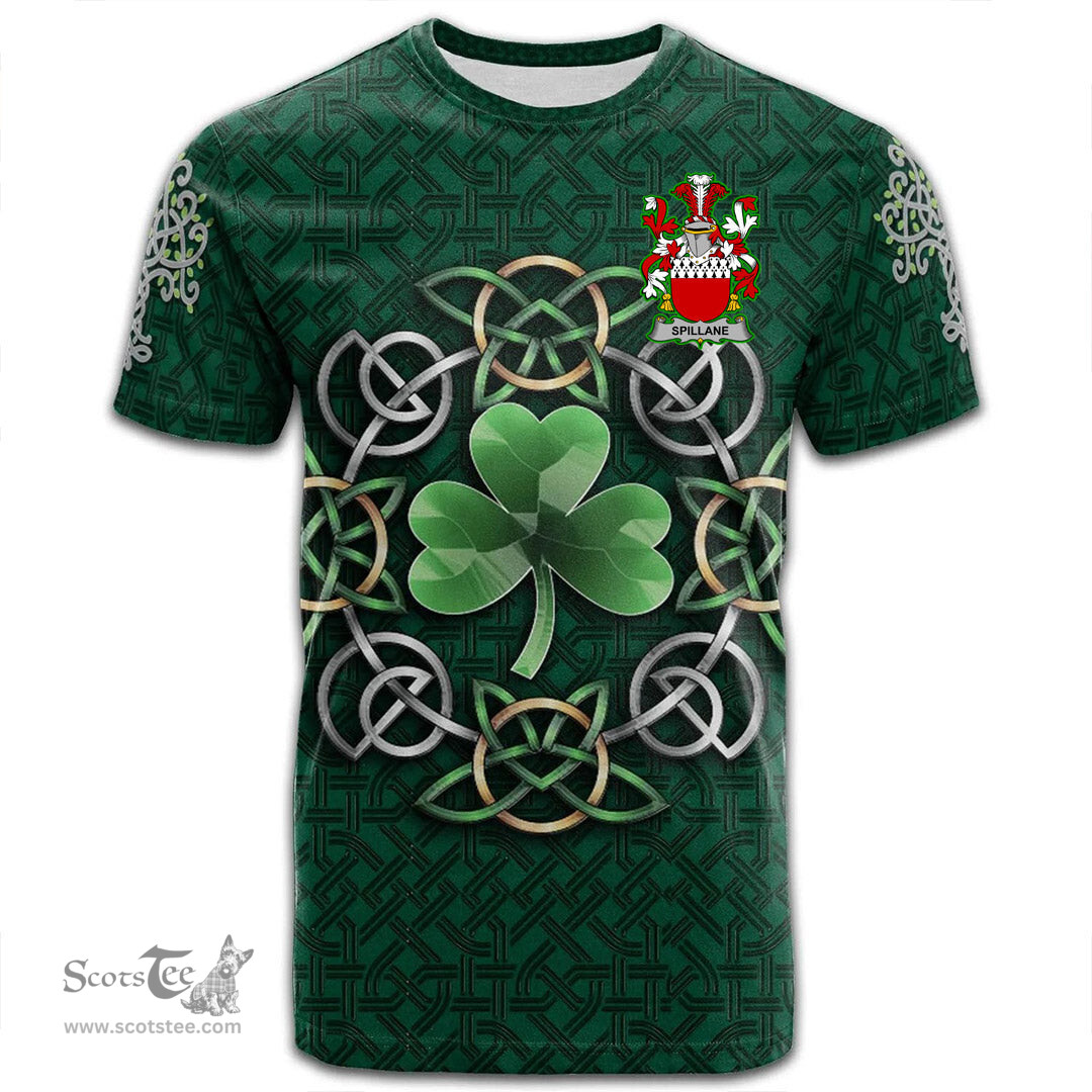 ScotsTee Shop Irish Spillane or O Spillane Coat of Arms Irish Crest T Shirt Irish Shamrock with Celtic Knot T Shirt