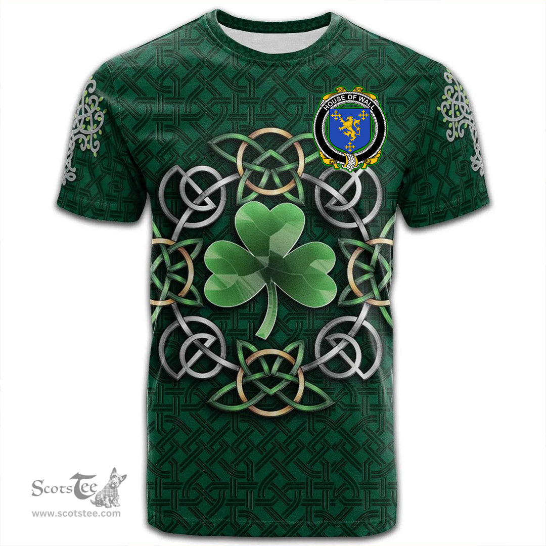 ScotsTee Shop Irish House of WALL Coat of Arms Irish Crest T Shirt Irish Shamrock with Celtic Knot T Shirt
